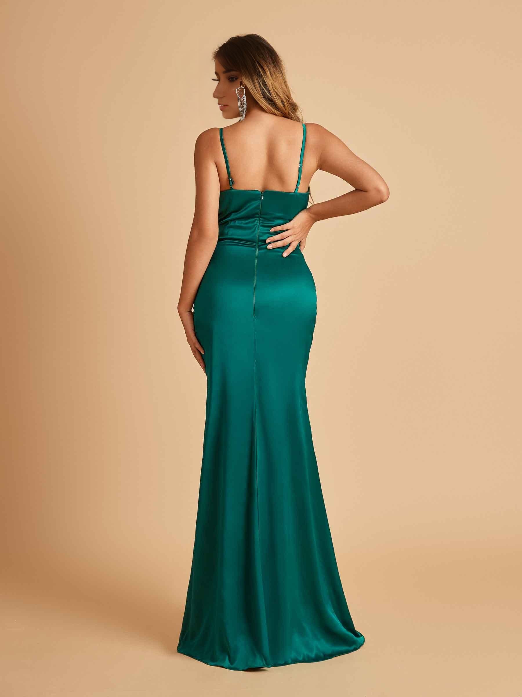 Sexy Satin Mermaid Prom Dresses Spaghetti Straps V-neck Side Slit Floor Length